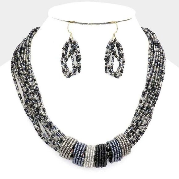 Multi Strand Black Seed Beaded Necklace Set - Picture 1 of 7